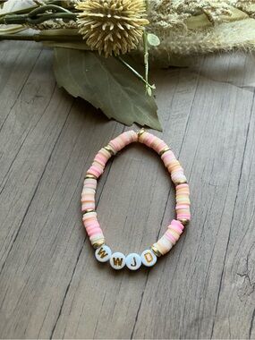 Personalized Pink Bead Stretch Bracelet with Gold Accents